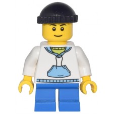 cty438 White Hoodie with Blue Pockets, Blue Short Legs, Black Knit Cap 